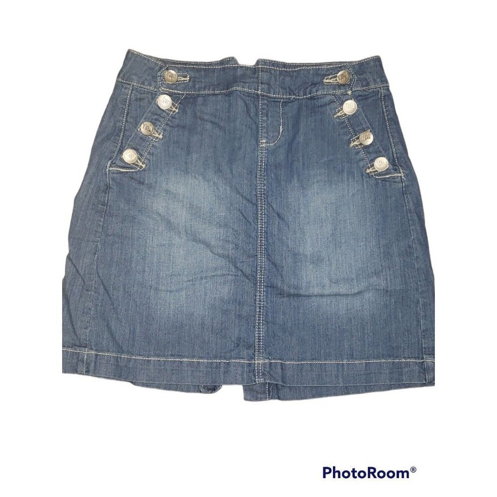 Denim Mini Skirt Size 7 Y2K Back Slit Pockets Silver Buttons Retro Streetwear